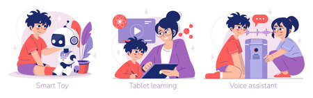 Vector illustration depicting children interacting with a smart toy robot, learning on tablets, and using a voice assistant. Captures technology interaction and educational engagement.のイラスト素材