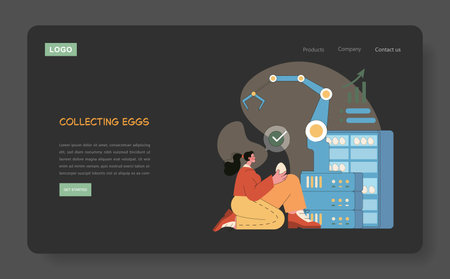 Egg Farm illustration concept. This artwork presents a modern egg collection process, showcasing manual and automated methods in a farm setting. It emphasizes efficiency and innovation in agriculture. Vector illustration.のイラスト素材