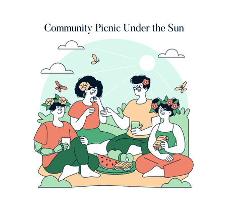 Vector illustration of a joyful community picnic with four friends sitting on grass, enjoying drinks and snacks under a sunny sky. They wear floral accessories, exuding happiness and relaxation.のイラスト素材