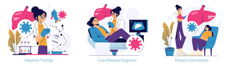 Vector illustration depicting a healthcare professional conducting hepatitis testing, discussing liver disease diagnosis, and consulting with a patient. Vibrant graphics emphasize medical themes.のイラスト素材