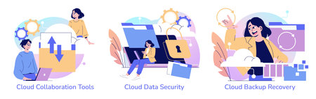 Vector illustration of individuals interacting with cloud technology, featuring collaboration tools, data security, and backup recovery. Expressive gestures emphasize the importance of these aspects.のイラスト素材