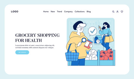 Vector illustration of two people in a grocery store, choosing healthy products. One reads a label with a magnifying glass, while the other selects vegetables with satisfaction.のイラスト素材