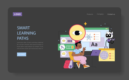 Vector illustration featuring a young individual studying with digital tools and a robot assistant, highlighting smart learning paths and educational technology in a web design context.のイラスト素材