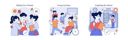 Vector illustration of students interacting in school, making new friends, and exploring the library. Features group activities, wheelchair inclusion, and diverse emotions.のイラスト素材