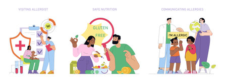 Vector illustration depicting allergy awareness and safe nutrition. Includes a visit to an allergist, understanding gluten-free options, and communicating allergies among diverse groups.のイラスト素材