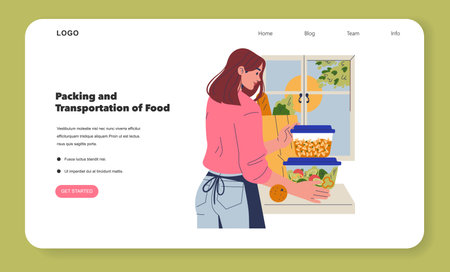 Woman organizes food in airtight containers, preparing meals on a kitchen counter. Bright vector illustration emphasizes efficient food packing and storage techniques.のイラスト素材