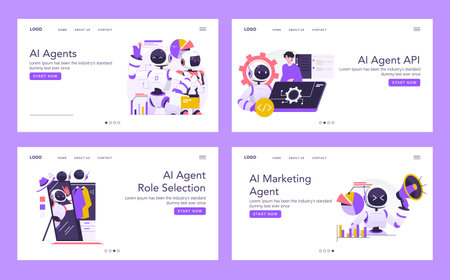 Vector illustration showcasing various AI agent roles, including marketing and API development. Highlighting adaptability and technology in modern artificial intelligence applications.のイラスト素材