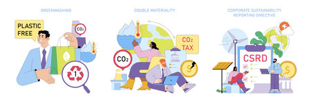 Vector illustration featuring greenwashing, double materiality, and corporate sustainability reporting. Includes elements like plastic-free labels, CO2 impact, and sustainability icons.のイラスト素材