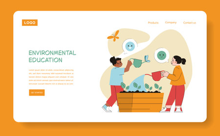 Children engage in environmental education by planting and watering in a community garden setting. They learn about nature, sustainability, and teamwork while enjoying outdoor activities. Vector illustration.のイラスト素材