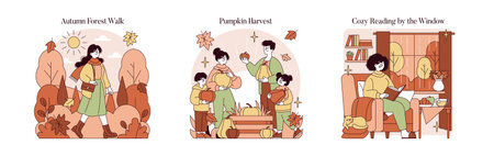 Collection of vector illustrations depicting autumn scenes including a woman walking in the forest, a family harvesting pumpkins, and a person reading by the window. Warm colors and cozy settings.のイラスト素材