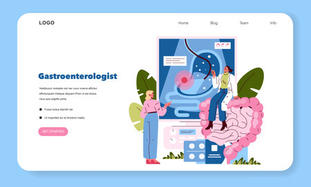Vector illustration of a gastroenterologist consulting with a patient using a digestive system diagram. The doctor discusses health with a focus on gastroenterology.のイラスト素材