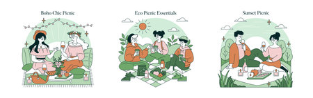 Vector illustrations of three picnic themes. Boho Chic features two friends enjoying food and drinks. Eco Picnic shows friends with eco-friendly items. Sunset Picnic captures a couple relaxing at dusk.のイラスト素材