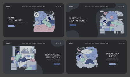 Set of vector illustrations depicting sleep challenges and mental health. Includes imagery of sleep phases, brain activity, and stress management. People shown with various expressions.のイラスト素材
