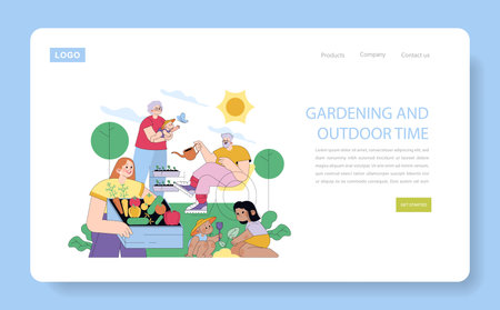 Cheerful multigenerational family enjoys gardening together outdoors under sunny weather. Adults help with plants, children play with shovels, creating joyful moments.のイラスト素材