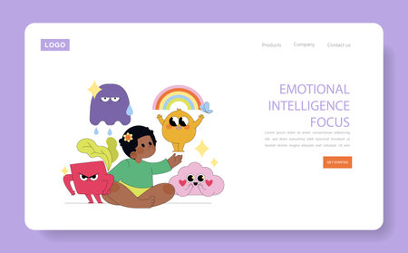 Vector illustration of a child interacting with colorful emotional characters, emphasizing emotional intelligence focus. Includes happy, sad, and calm-faced figures on a webpage design.のイラスト素材