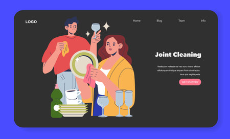 Vector illustration showing two people collaboratively washing dishes. They smile while holding plates and glasses, surrounded by cleaning supplies. The scene conveys teamwork and household chores.のイラスト素材