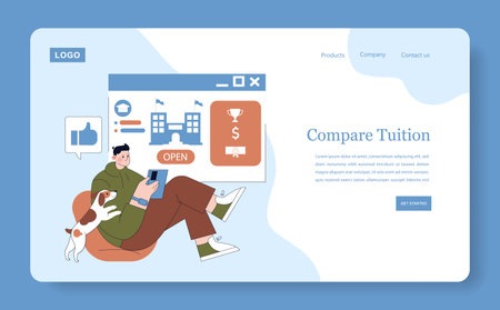 College choice exploration with a focus on comparing tuition rates. A student uses an application while accompanied by a dog, illustrating the digital decision-making process in education. Vector illustration.のイラスト素材