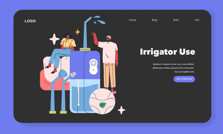 Vector illustration featuring two people interacting with a large-scale irrigator device. The scene captures a casual and engaging moment with the device on display.のイラスト素材