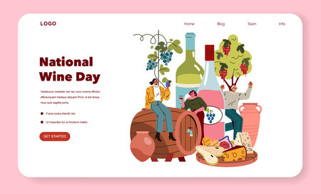 Celebrate National Wine Day with a vibrant illustration featuring diverse individuals enjoying wine, grapes, and cheese. This design evokes a spirit of joy and togetherness in wine culture.のイラスト素材