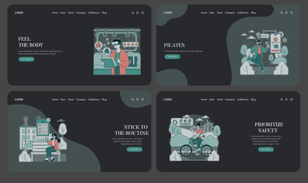 Set of vector illustrations depicting various lifestyle and wellness themes. Includes scenes of a person using technology for fitness tracking, practicing pilates, and prioritizing safety while cycling.のイラスト素材