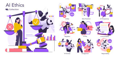 Vector illustration set depicting AI ethics concepts like bias, transparency, and responsibility. Shows human and robot elements balancing ethical and legal considerations.のイラスト素材