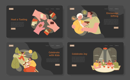 Vector illustration depicting various celebration themes. Includes gifting, family bonding, and joyful gatherings. Scenes emphasize shared moments and positive emotions.のイラスト素材