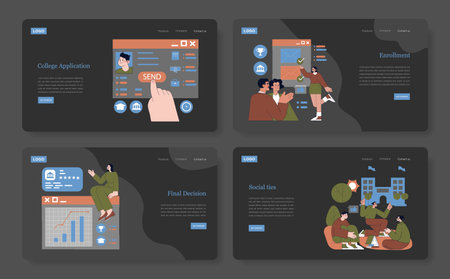 College Choice set. Journey from application to enrollment, making final decisions, maintaining social ties. Illustrated educational steps in a modern style.のイラスト素材