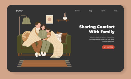 Vector illustration of a happy family sitting on a sofa, sharing a warm blanket. Shows tenderness and togetherness, creating a comforting atmosphere in a cozy living room setting.のイラスト素材