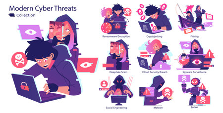 Modern vector illustration depicting various cyber threats such as ransomware, phishing, and spyware. Characters engage in hacking activities with digital elements highlighting cybersecurity risks.のイラスト素材