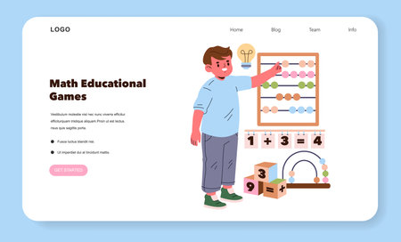 Vector illustration of a child interacting with math educational games, featuring an abacus and counting blocks, emphasizing learning through playful activities in a digital format.のイラスト素材