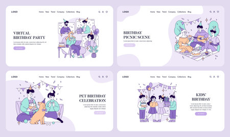 Vector illustration set depicting varied birthday celebrations including a virtual party, a joyful picnic, a pet birthday, and a kidsâ gathering, showcasing diverse festive activities.のイラスト素材