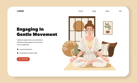 Vector illustration of a woman meditating in a tranquil home environment. The person sits cross-legged with a serene expression, surrounded by cushions and decor.のイラスト素材