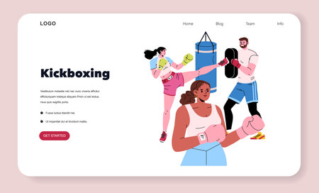 Vector illustration depicting a diverse group engaged in kickboxing. Features individuals practicing strikes and kicks with a punching bag, showcasing an active class scene.のイラスト素材