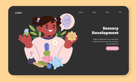 Vector illustration of a joyful child engaging in sensory development activities, holding tactile objects with a backdrop of nature. Educational content emphasizes learning through play.のイラスト素材