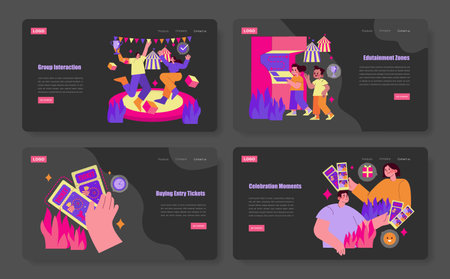 Vector illustration set depicting vibrant amusement park activities including group interaction, edutainment zones, buying entry tickets, and celebration moments, highlighting excitement and joy.のイラスト素材