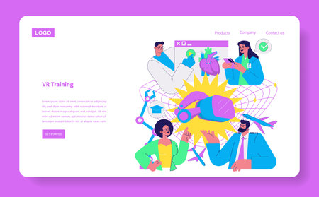 Vector illustration showing people engaged in virtual reality training for medical applications. Illustrates diverse professionals interacting with VR technology and digital tools.のイラスト素材