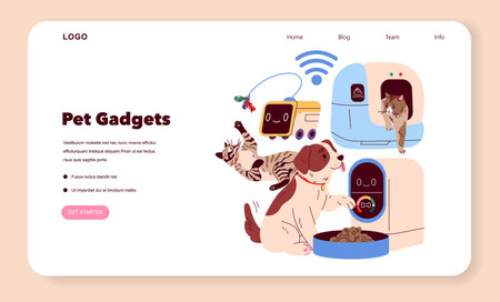 Pet Gadgets concept. Explore the innovative tools enhancing pet care experience. Smart feeders and entertaining toys improve pet lifestyle and well-being. Engaging gadgets for happy pets. Vector illustration.のイラスト素材