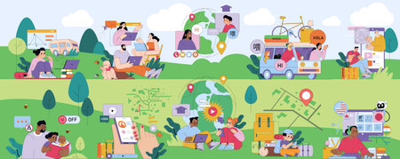 Vibrant illustration depicting online learning, digital communication, and global interaction. Diverse people engaging with technology outdoors in a connected world concept.のイラスト素材