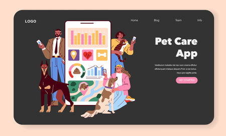 Pet Care App illustration. Visual representation of a mobile application designed for pet owners. Showcases users interacting with various features like health tracking and location services. Vector illustration.のイラスト素材