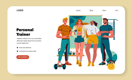 Personal Trainer concept. Group fitness coaching in a gym setting with young adults, active wear, exercise equipment, teamwork, motivation, and healthy lifestyle goals. Vector illustration.のイラスト素材