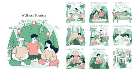 Vector illustration showcasing various wellness tourism activities including yoga on the beach, meditation retreats, spa scenes, wellness food, digital detox, and hot springs relaxation.のイラスト素材