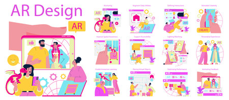 Vector illustration showcasing augmented reality design concepts, including spatial awareness, personalized experiences, and virtual object interactions, enhancing creativity and accessibility.のイラスト素材