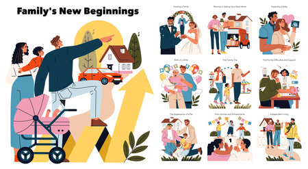 Vector illustration showcasing a familys significant life milestones: moving to a new home, expecting a baby, and handling first family challenges. Emphasizes growth and togetherness.のイラスト素材