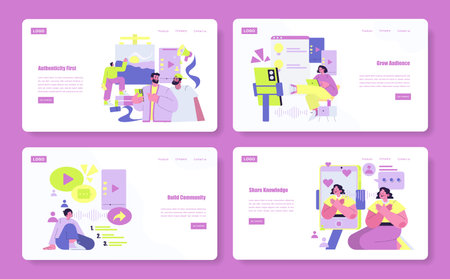 Colorful vector illustration depicting various scenes of online engagement, including content creation, community building, audience growth, and knowledge sharing. Characters interact energetically with digital devices and symbols, illustrating modern digital interactions and connectivity.のイラスト素材