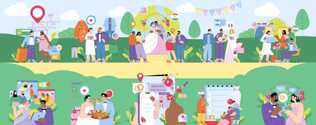 Vector illustration depicting a vibrant wedding event planning scene. Couples and planners arranging details like invitations, menus, and clothing choices, showcasing diverse cultural elements.のイラスト素材