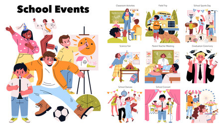 Vector illustration showcasing diverse school events, including sports day, science fair, field trip, and graduation ceremony. Students actively participate in creative and educational activities.のイラスト素材