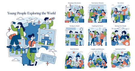 Vector illustration showing young adventurers engaged in diverse travel activities. They plan journeys, explore cities, and enjoy social gatherings, highlighting curiosity and friendship.のイラスト素材