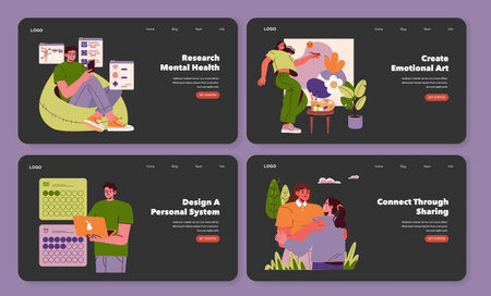 Vector illustration set featuring web banners on mental health research, emotional art creation, personal system design, and social connection. Characters engage in activities that emphasize well-being.のイラスト素材
