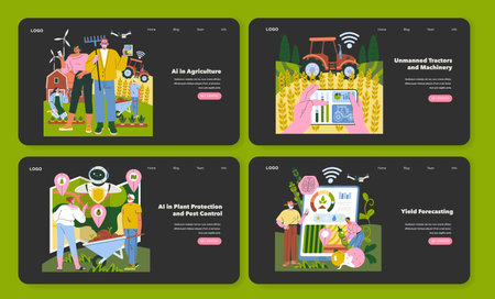 Vector illustration depicting AI in agriculture involving unmanned tractors, plant protection, pest control, and yield forecasting. People interact with technology on farms.のイラスト素材