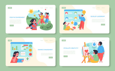 Set of vector illustrations highlighting positive environment, leadership, engagement, and creativity. Features diverse scenes of people interacting, learning, and creating in cheerful settings.のイラスト素材